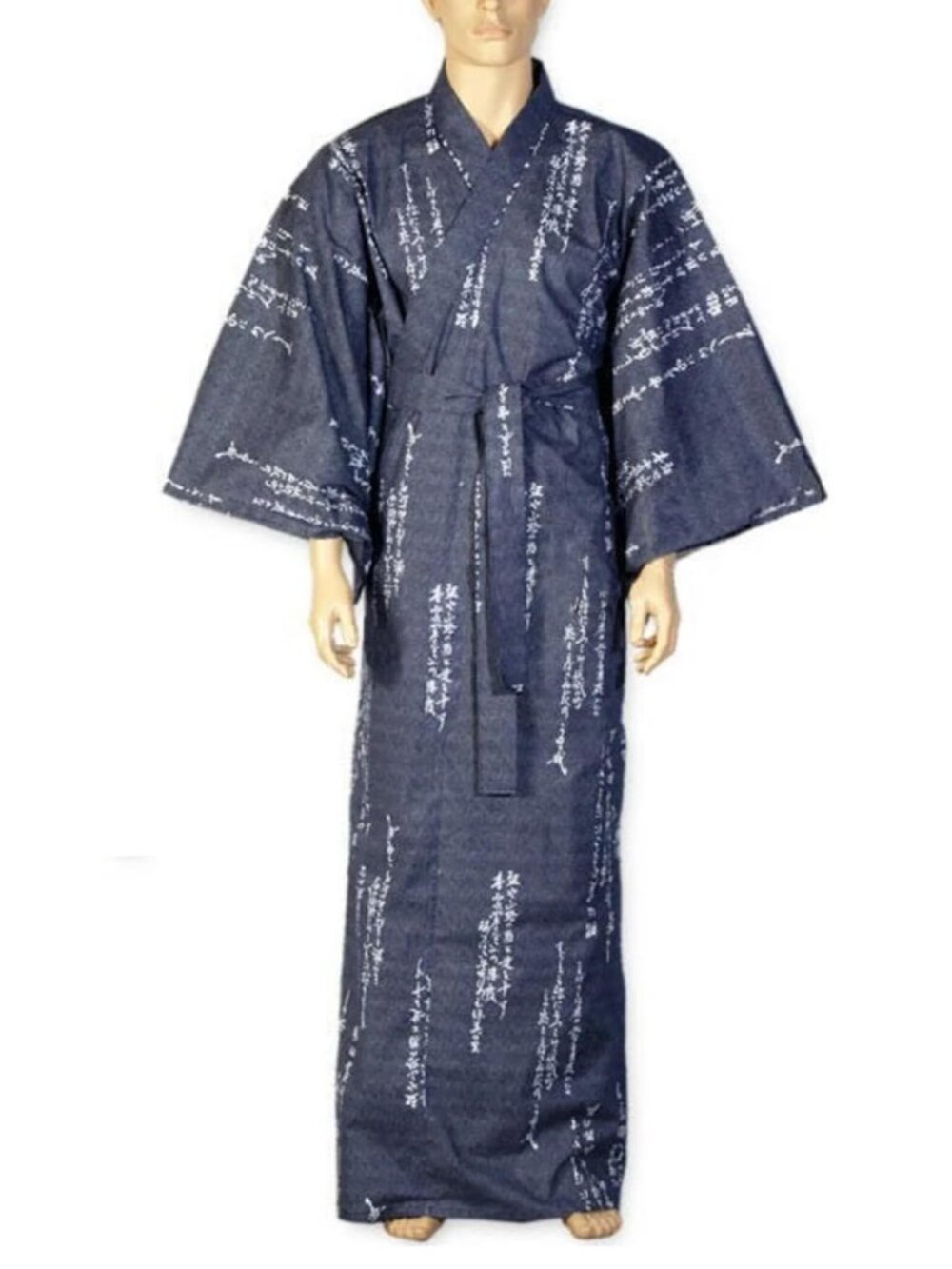 Calligraphy Japanese yukata unisex blue cotton belted robe kanji lounge XL 63"